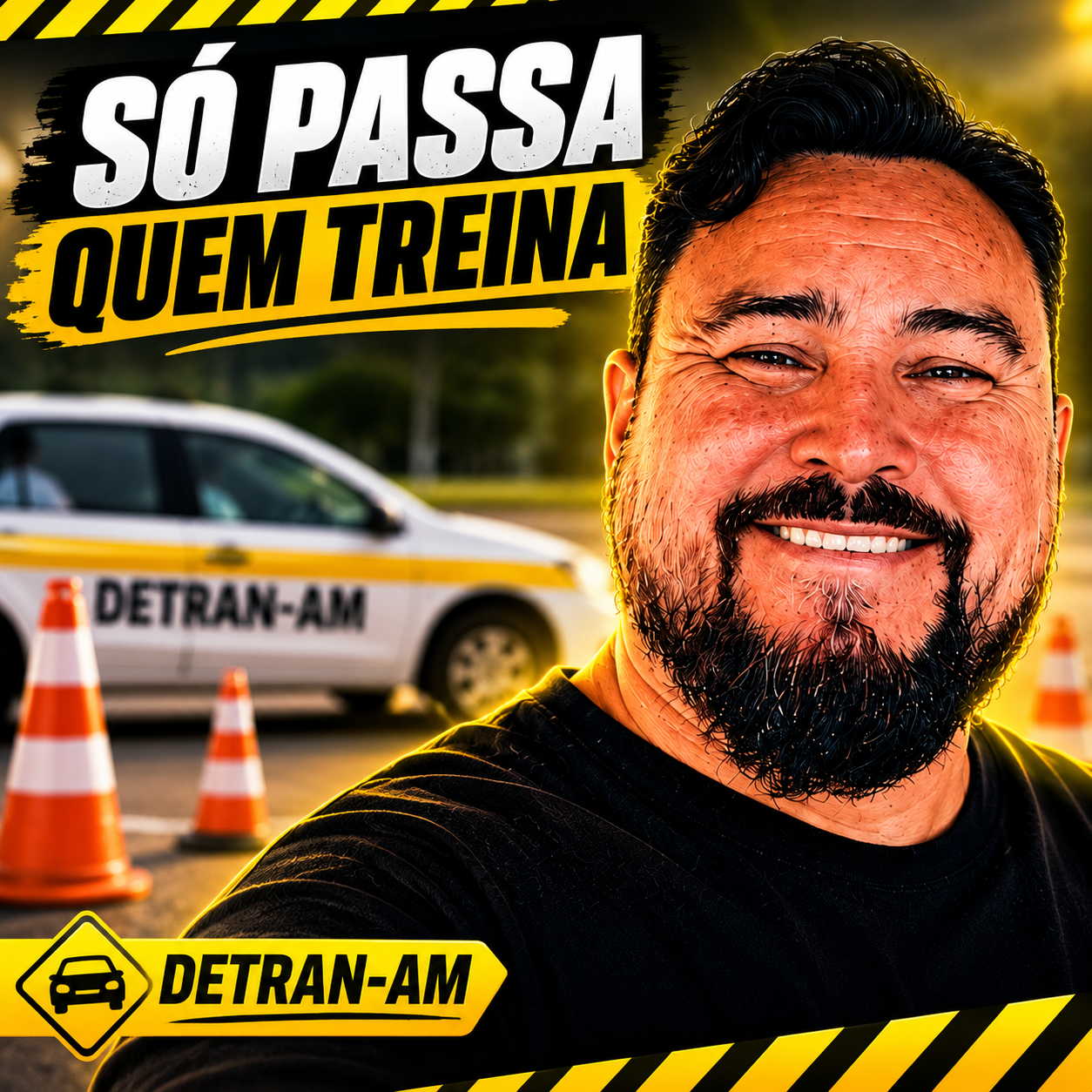 Instrutor Humberto Santos com veículo do DETRAN-AM — Só Passa Quem Treina