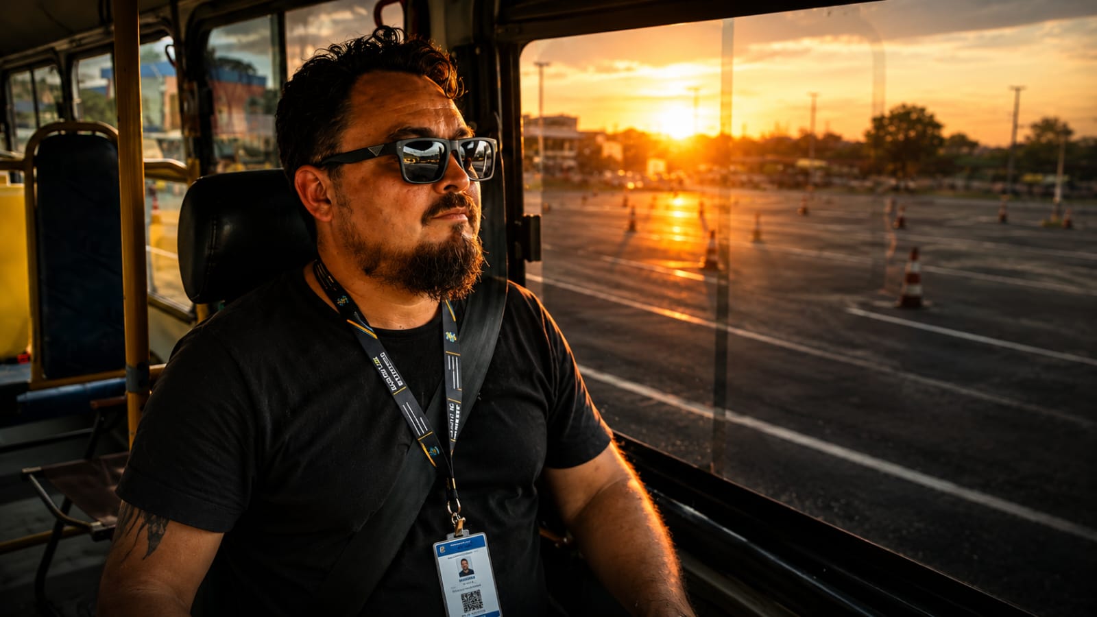 Humberto Santos, instrutor, na área de exame do DETRAN-AM ao pôr do sol